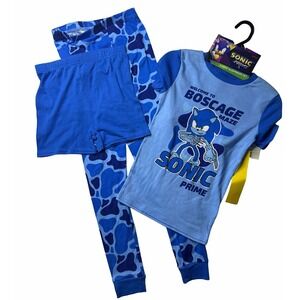 Sonic Prime 3 Piece Sleepwear Set Boys Size 10 Blue Pajamas Shorts Long Pants